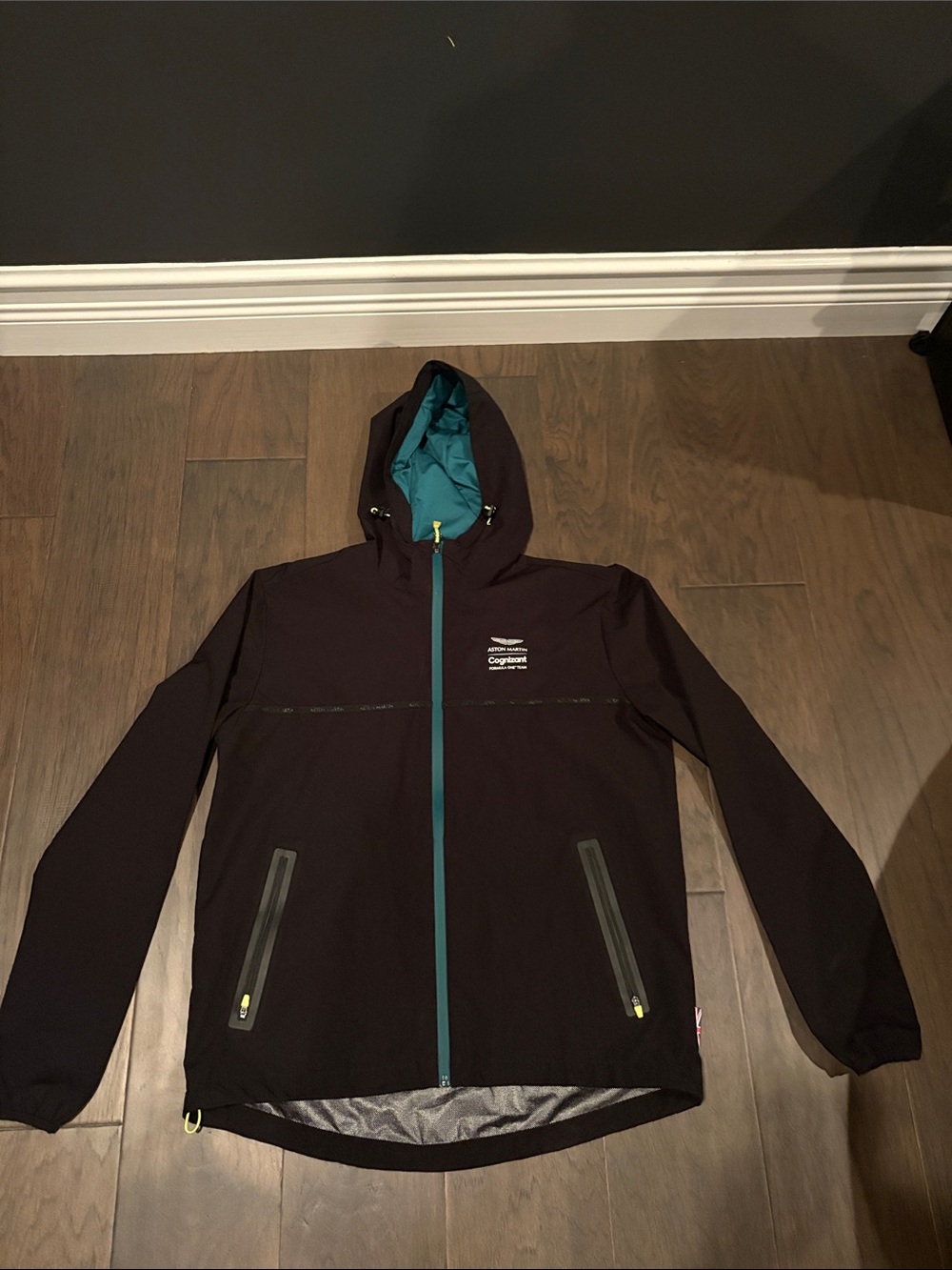 Men's Black Hooded Rain Jacket with Teal Accents
